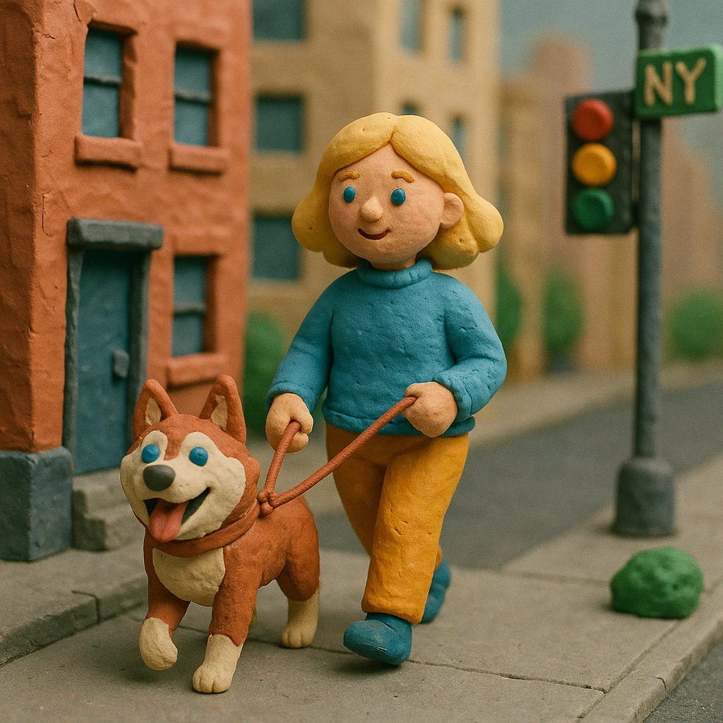 Cute Blonde woman wearing a sweater walking a happy red-brown blue-eyed Siberian husky in New York City on an upper east side city sidewalk  emoji