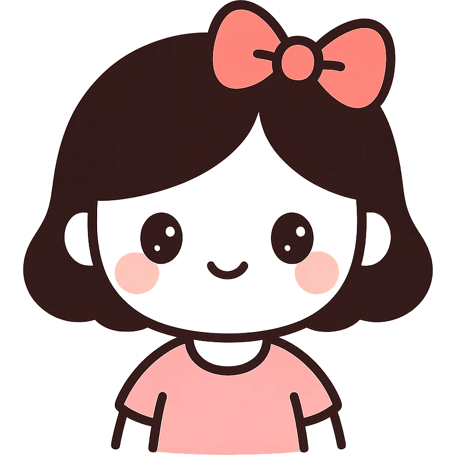 girl with white skin, short black hair, and a red bow, cute and friendly style emoji