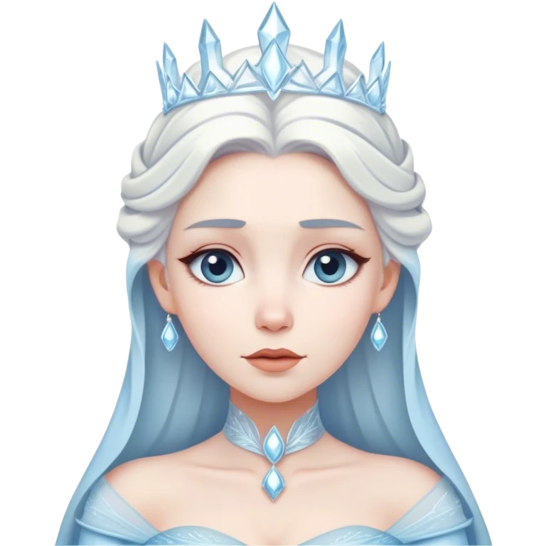 Cinematic Timeless Snow Queen Portrait Emoji, rendered in a clean, vector style. Depict Elsa with icy pale skin, intricately styled platinum hair, and a serene, regal expression, dressed in a minimalist ice-blue gown. The design features bold, simplified shapes, a soft, drowsy crystalline glow, and a subtle glowing outline, capturing the essence of timeless, majestic winter beauty. emoji