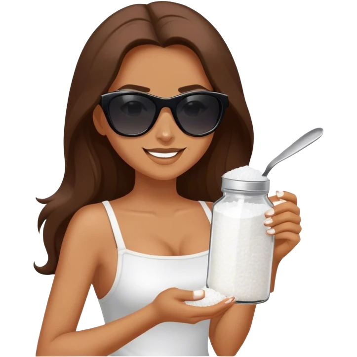 Tan woman with long brown hair and dark sunglasses. She is holding a salt shaker full of white table salt. She is shaking the salt out of the salt shaker with a smirking expression emoji