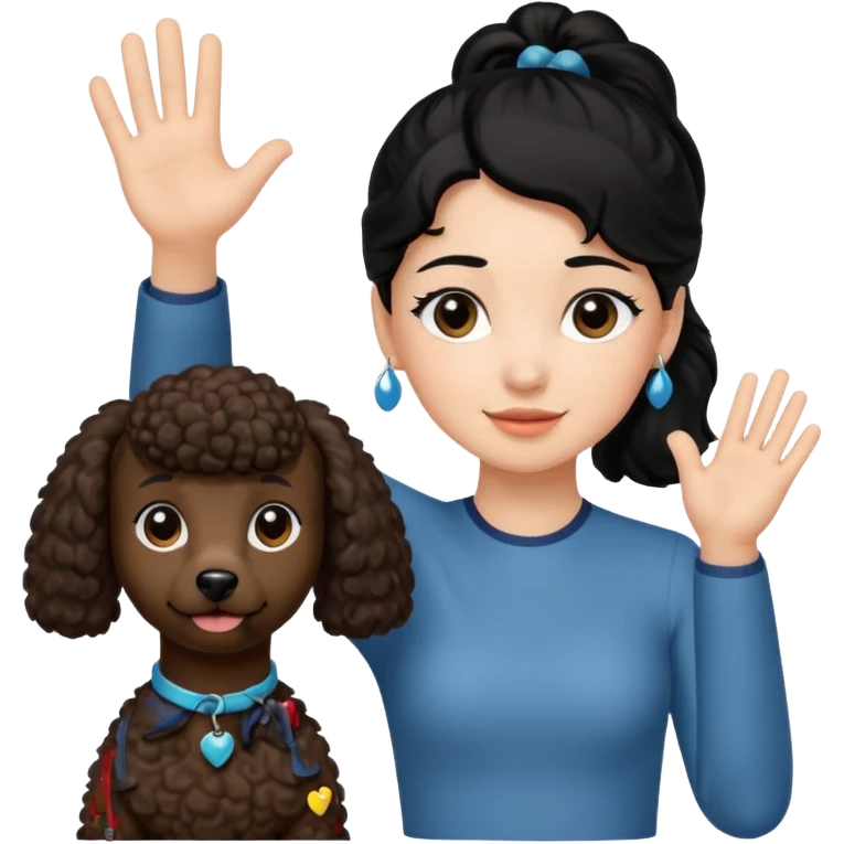 Ponytail black hair girl with brown Poodle say goodbye  emoji