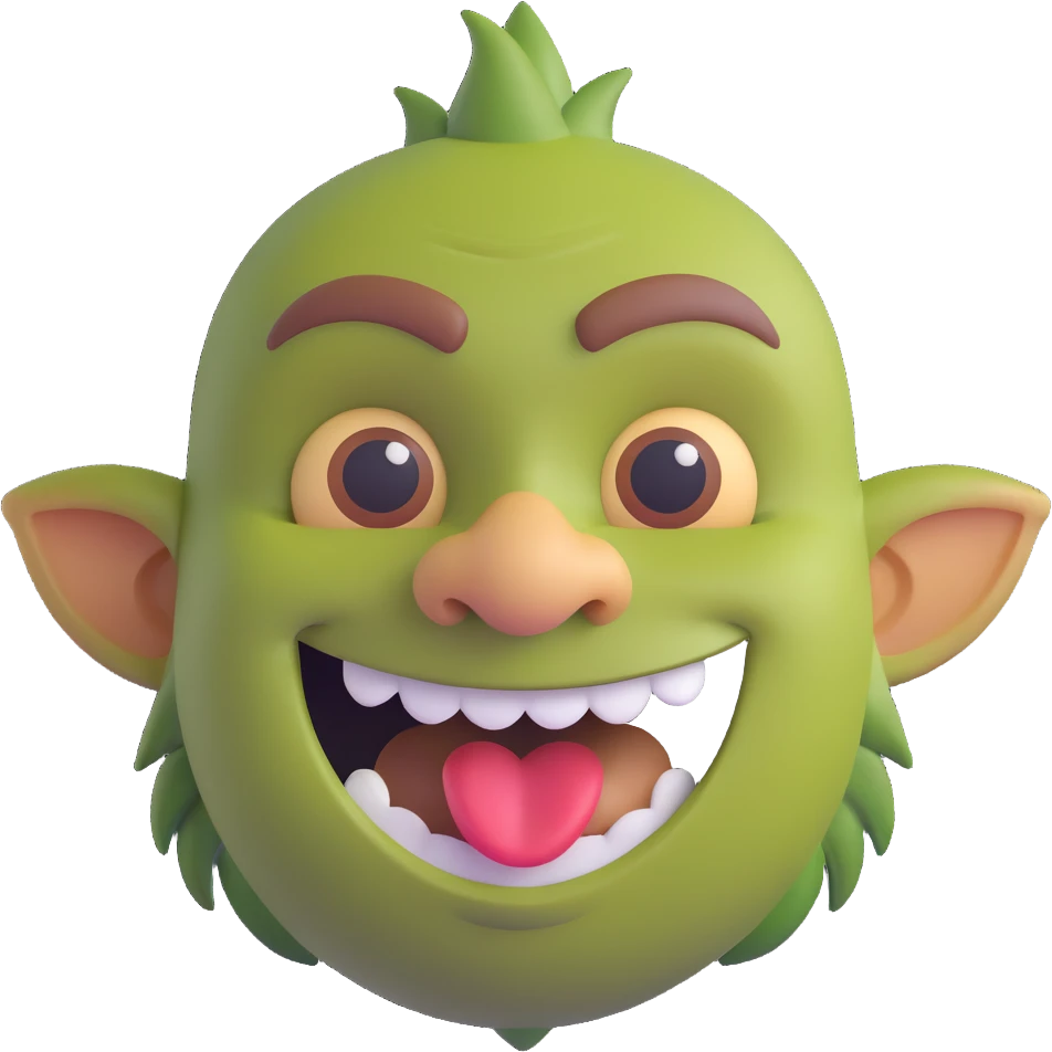 3D emoji-style troll face, exaggerated features, playful expression emoji