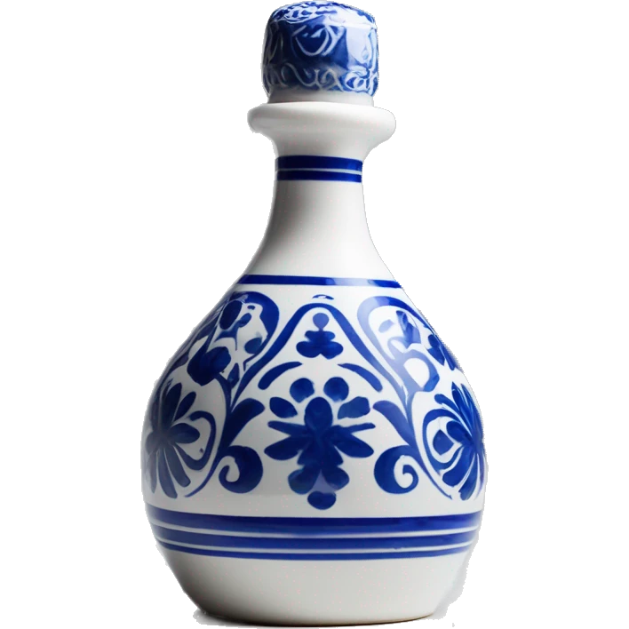 The Clase Azul Tequila bottle is tall and hourglass-shaped, with a wide base that tapers towards the neck. Its white ceramic body is decorated with cobalt blue floral designs, and it’s topped with a gray, bell-shaped stopper that curves inward. emoji