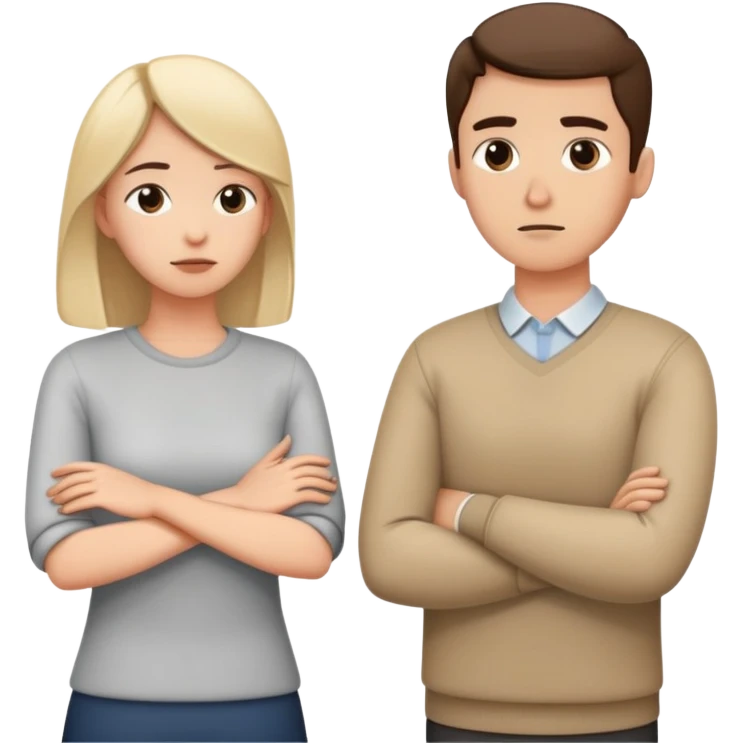 couple resolving conflict, one person with avoidant attachment style turning away with arms crossed, the other with secure attachment style offering a hand to talk emoji