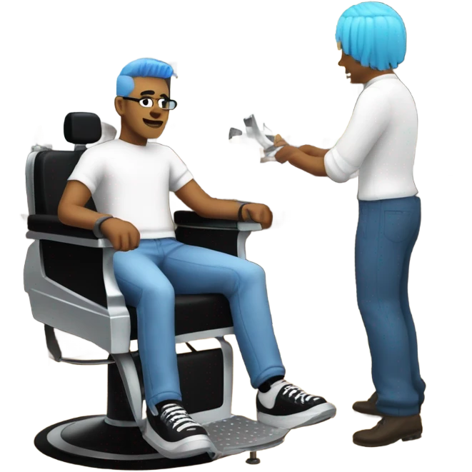 a guy with blue hair and a black head band getting a haircut  emoji