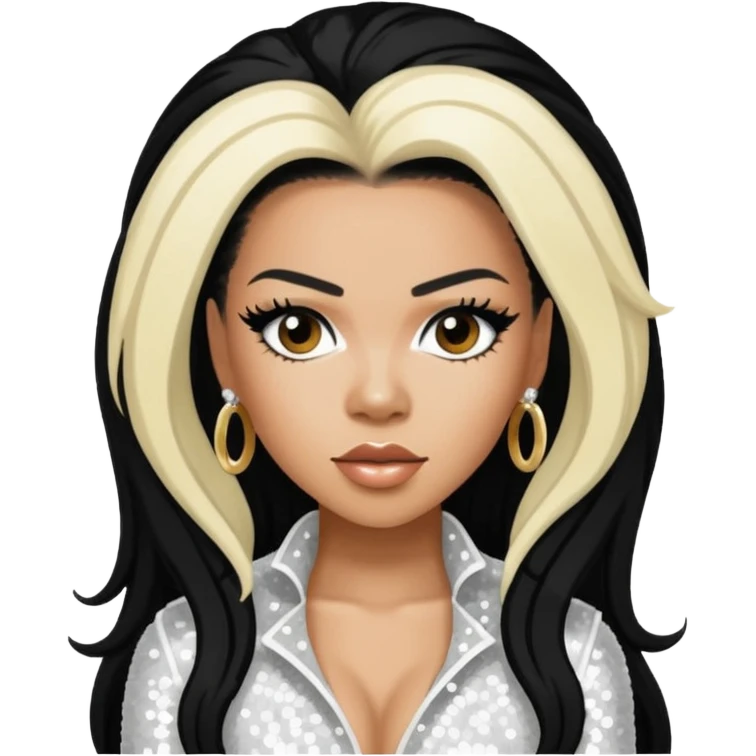 Keyshia Cole with long black hair, white sequin outfit emoji