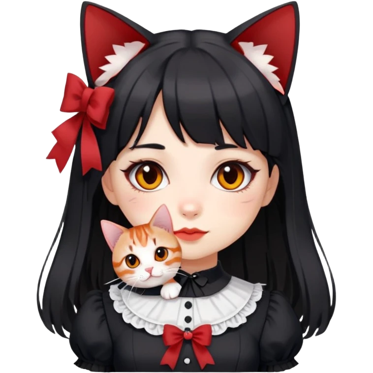 girl wearing black Lolita style dress, with medium-length black hair with red tips, and an American Shorthair tabby cat emoji