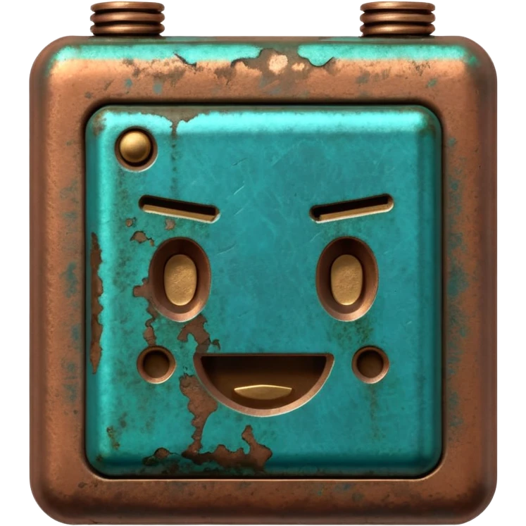3D render of Battery Terminal, heavily oxidized copper texture, verdigris patina, Metal contact with blue/green powder corrosion, weathered bronze aesthetic, ancient decay, emoji style, isolated on white background --v 6.0. emoji