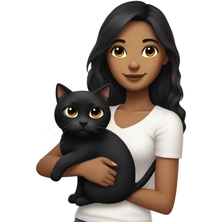 Young woman with medium brown skin, long black hair, a small dimple on her chin, a sweet closed-mouth smile, and large downturned black eyes. She holds a cute black cat and looks adorable. emoji