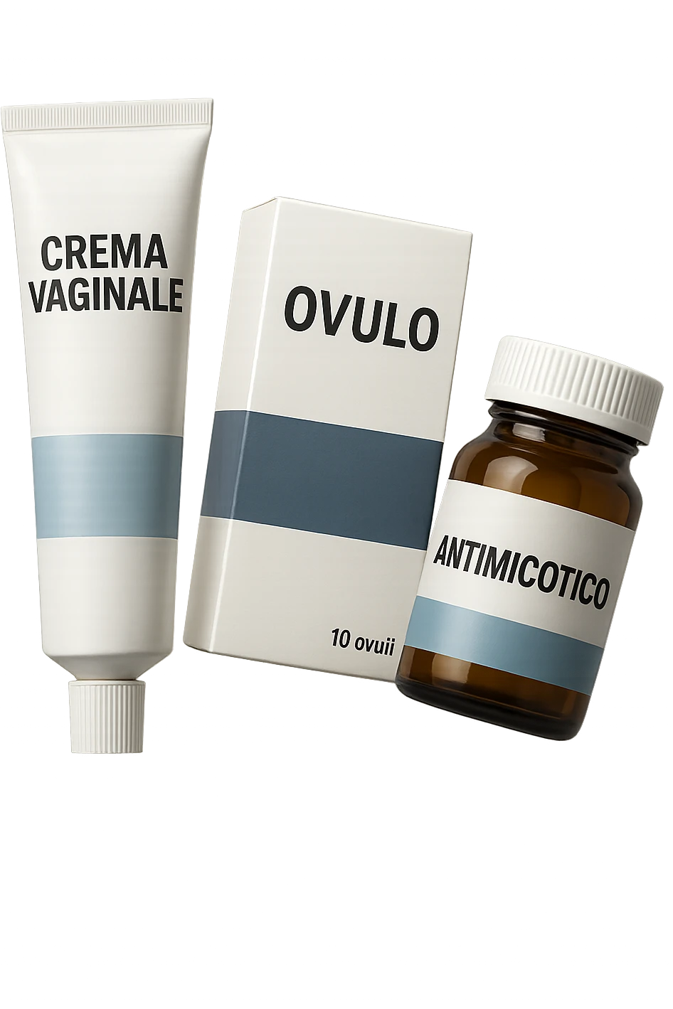 un tubetto di crema con la scritta "crema va**ale", una scatola con farmaco con la scritta "ovulo", un barattolo di farmaco con la scritta "antimicotico" in italiano sulle etichette, fluttuano in aria, IPERREALISTICO 4K emoji