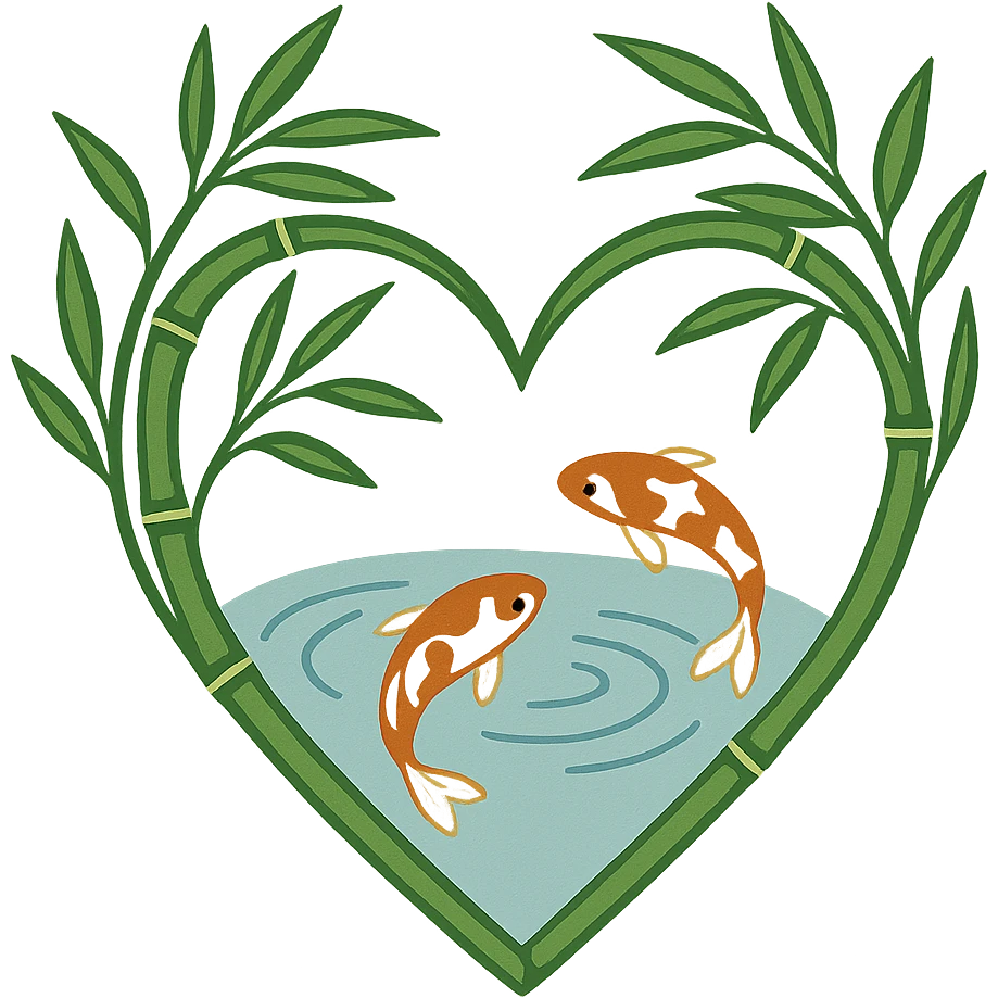 heart with a bamboo grove and koi pond theme, clean digital illustration emoji