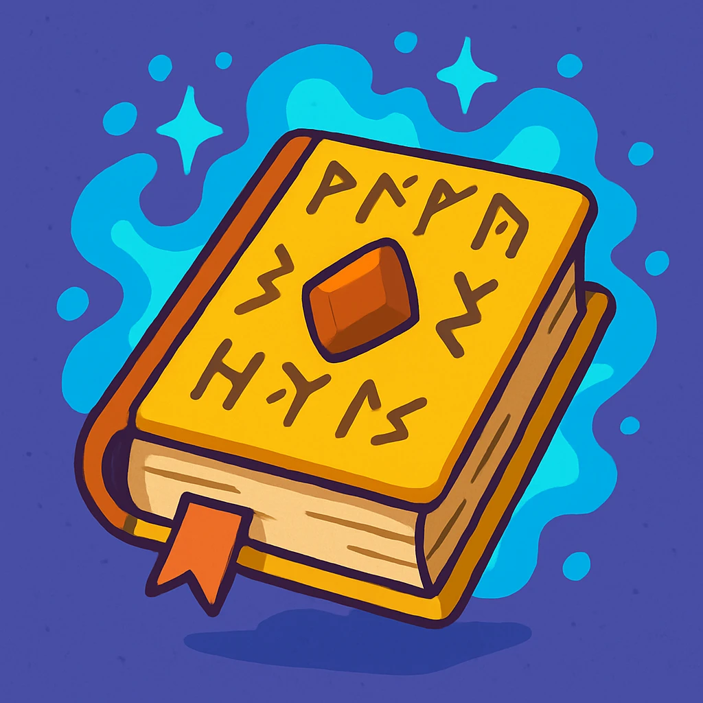 a mystic yellow book, ancient runes, magical aura, enchanted, in a cartoon style emoji