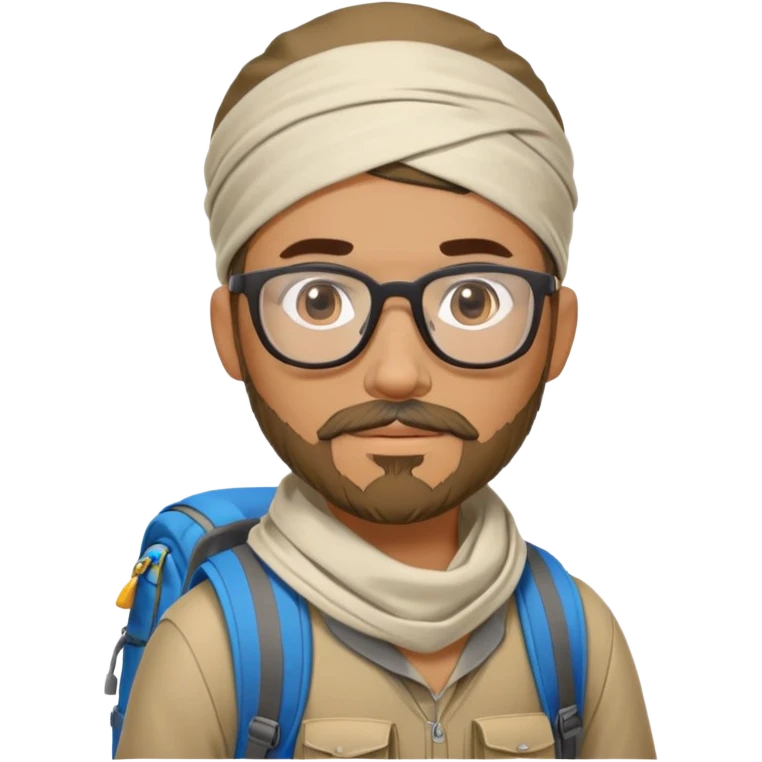 adventurer with goatee beard (no beard on cheeks), short hair, glasses, bandana on head and backpack emoji