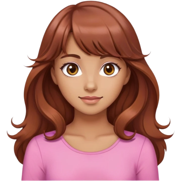 cute woman, tan skin, big brown eyes, long wavy auburn hair, bangs, pink top emoji