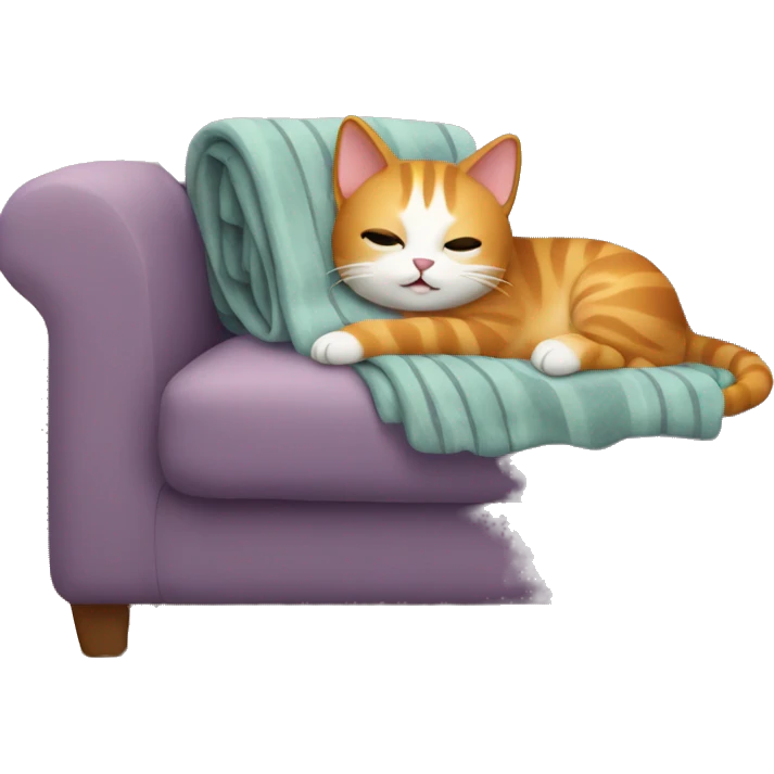 cat laying on a cozy couch with blankets emoji