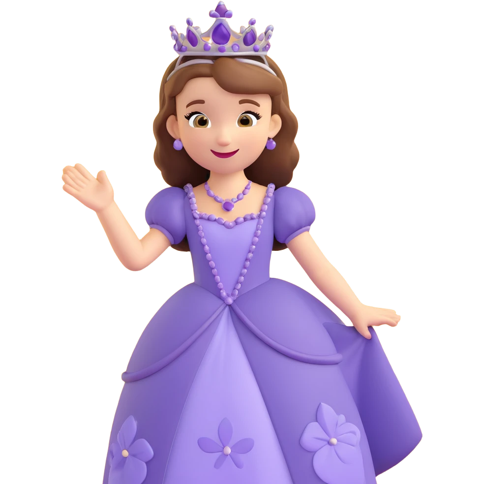 Sofia the First as a 3D emoji, waving, with her purple dress and tiara, cheerful expression emoji