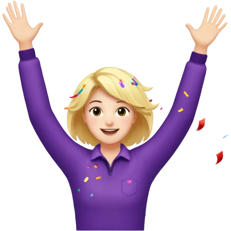 persona feliz con los brazos hacia arriba saltando y explosivos detras y confites volando emoji