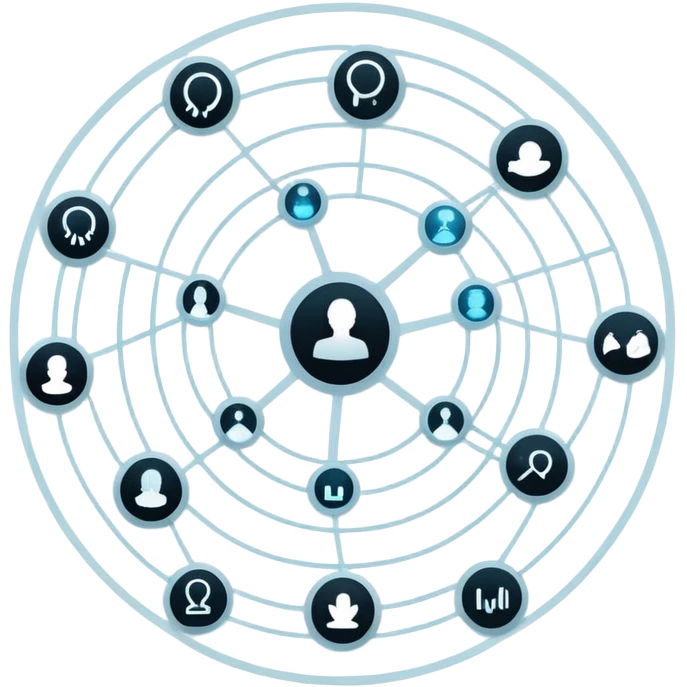 Interconnected circles with minimalist silhouette icons, linked by glowing lines in a web pattern over a neutral digital background emoji