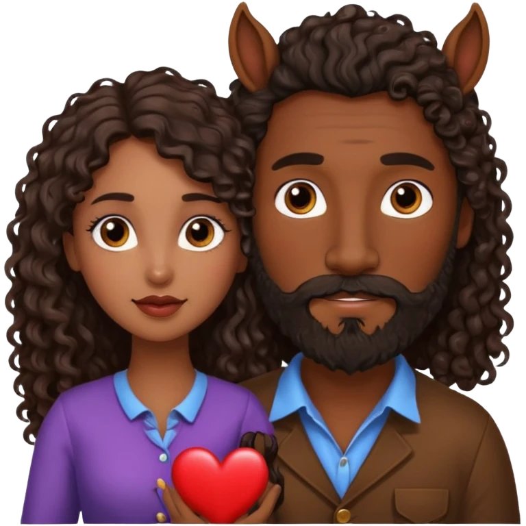 pareja de Mujer morena rizada cabello largo castaño ojos oscuros y hombre piel blanca con caballo oscuro con barba y ojos marron alrededor de la pareja corazones emoji
