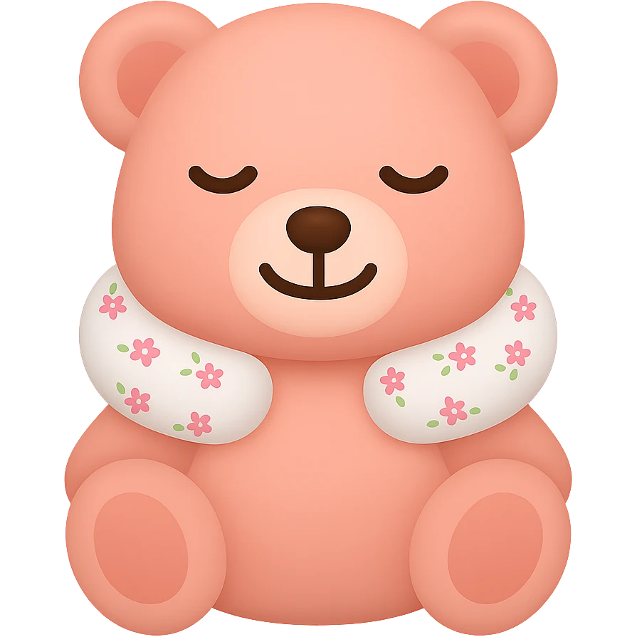 Create an iPhone emoji style pink teddy bear with a floral neck pillow. The bear has closed eyes and is smiling, simple and cute, with a transparent background. Maintain the iPhone emoji style look. emoji