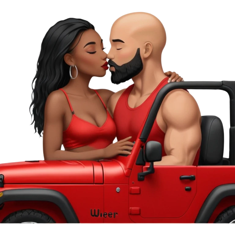intimate moment between lovers, JetSetFly , photo Realistic Couple, black women with long black balayage hair & kissing bald white muscular man with ginger Beard  in a red Jeep Wrangler  emoji