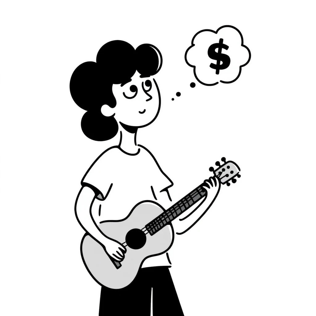 Close-up of a musician's face and torso, holding a guitar, looking up at the sky with a sad and worried expression, with a small thought cloud above showing something causing concern emoji