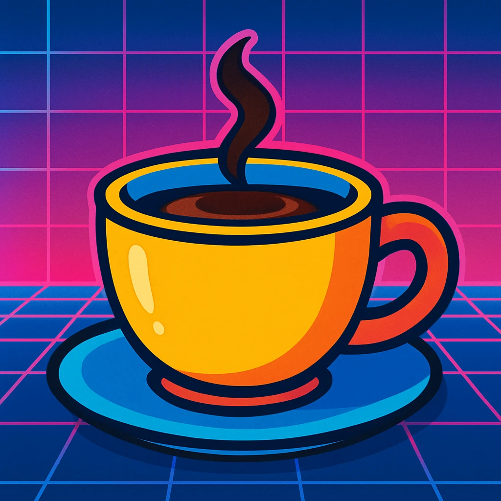 coffee cup with synthwave grid background, neon pink and blue, retro futuristic look emoji