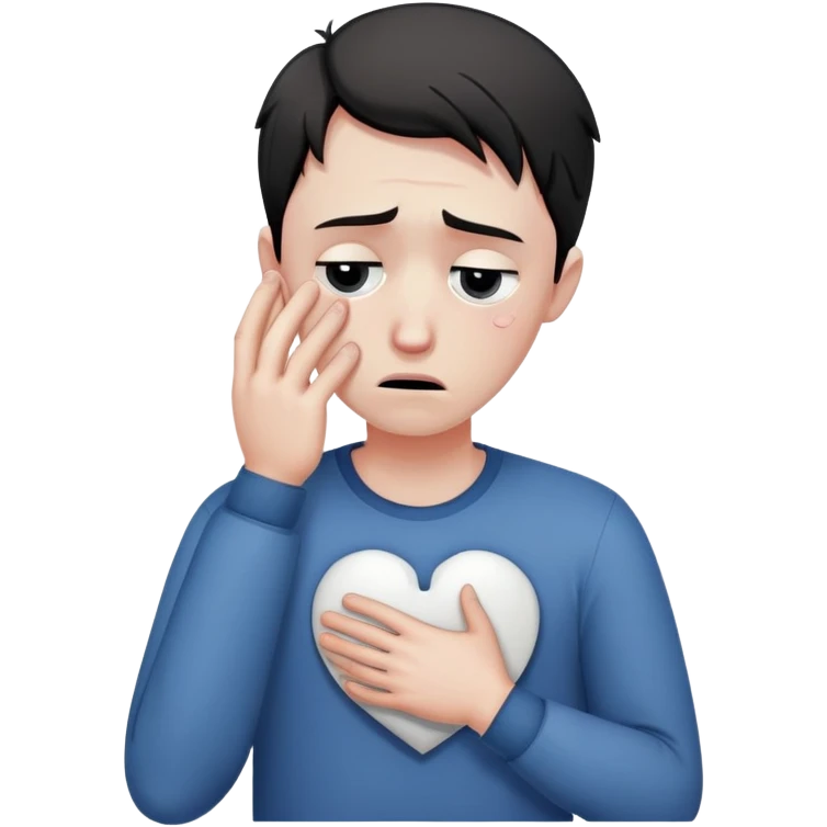 man with anxious attachment style with tears in eyes looking devastated, large broken heart symbol next to him, slumped posture showing emotional pain, hands reaching out desperately despite rejection emoji