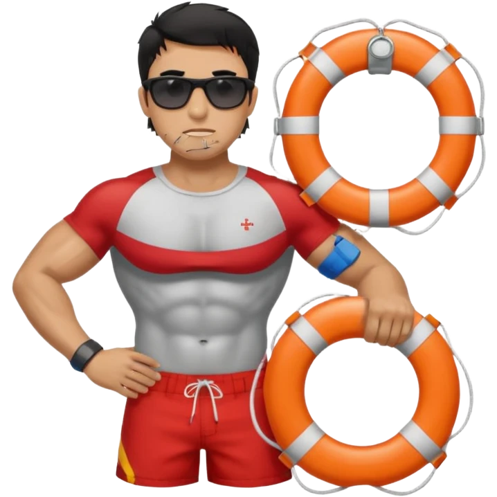 Dark Tan Muscular lifeguard without shirt with messy black hair with sunglasses, with life preserver emoji