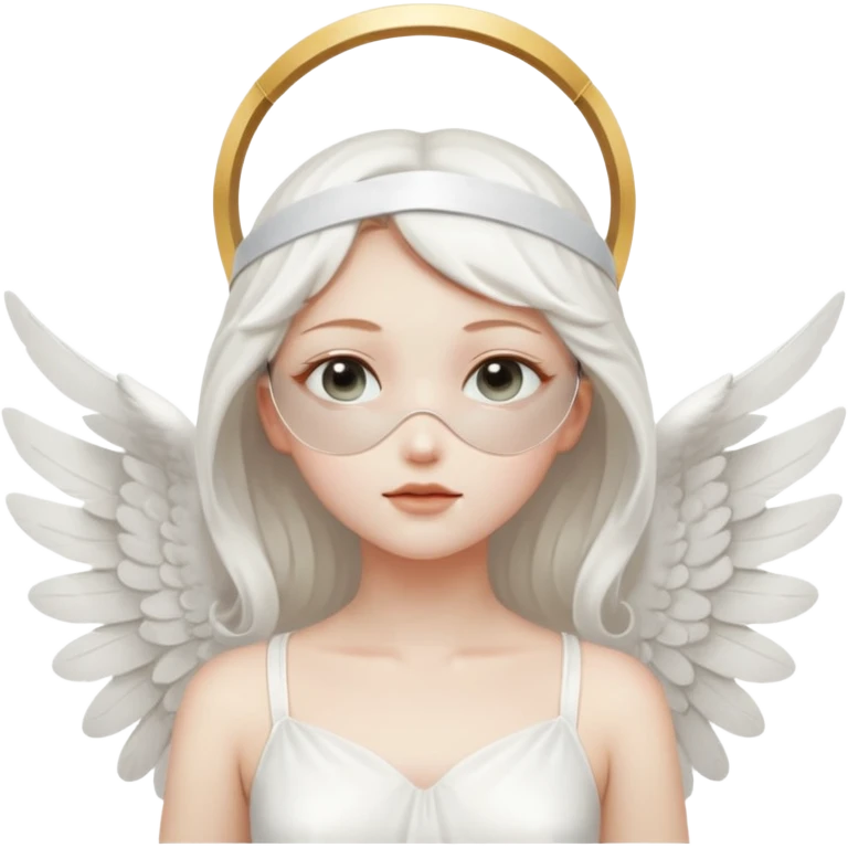 angel with white blindfolds on eyes, white dress, ale skin and  two large wings emoji
