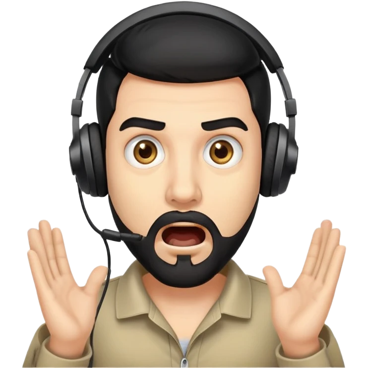 Very shocked man with wide eyes, open mouth, black hair, brown eyes, black beard wearing a gaming headset emoji