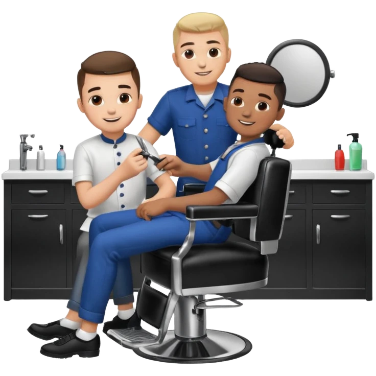 Barber cutting boys hair. Show the boy sat in black barber chair and both having smiles on their faces emoji
