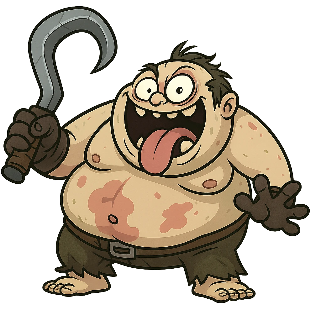 Pudge as a funny, exaggerated cartoon character, with a comical expression and oversized hook emoji