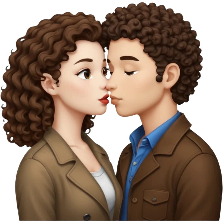 A couple kissing, the man would be white-skinned, mid fade-curly, brown-hair. The serious woman with white skin, brown color emoji