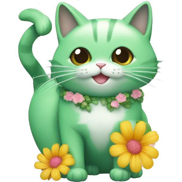 Gatito verde en una pecera con agua azul, un lacito rosa y flores dentro de la pecera ￼ emoji