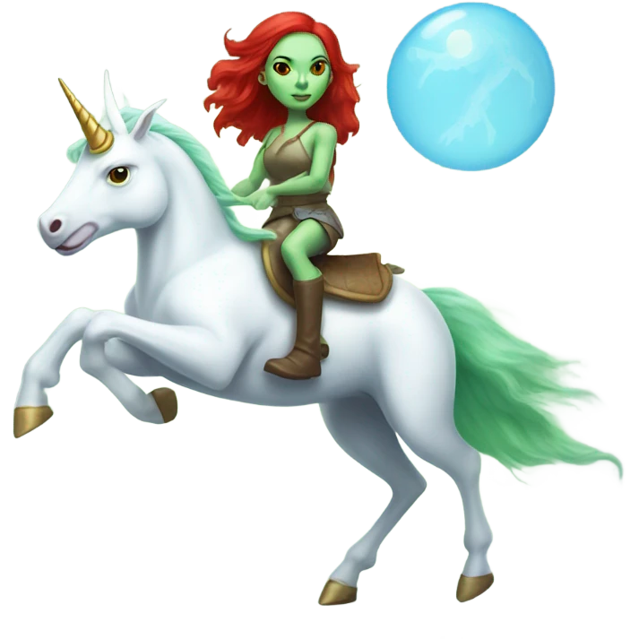 [politically incorrect
	{ woman: alien, color: light green, hair:red, eyes:cat} ]
	on a 
	[{ unicorn: white, legged:four, mane: light blue }] emoji