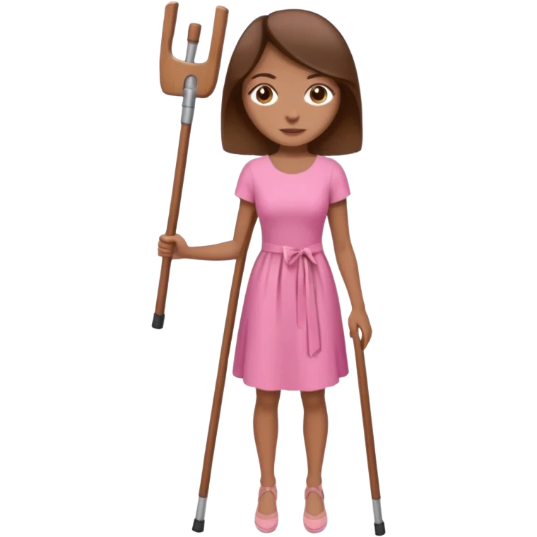 A woman with crutches , a pink dress brown hair and brown eyes emoji