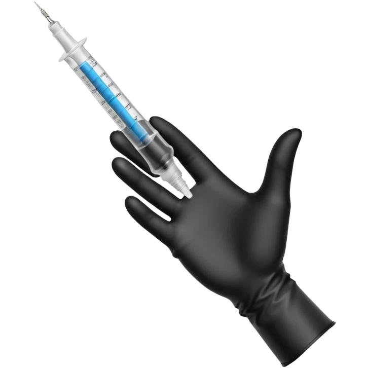 mano con guante medico de color negro sosteniendo una jeringa no tan grande y que solo se vea la mano hasta la muñeca, no el brazo y que el liquido de la jeringa sea transparente emoji