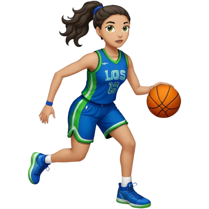 full body plus size light skin latino women basketball player with wavy dark hair in pony tail wide nose wearing blue uniform with green accent emoji