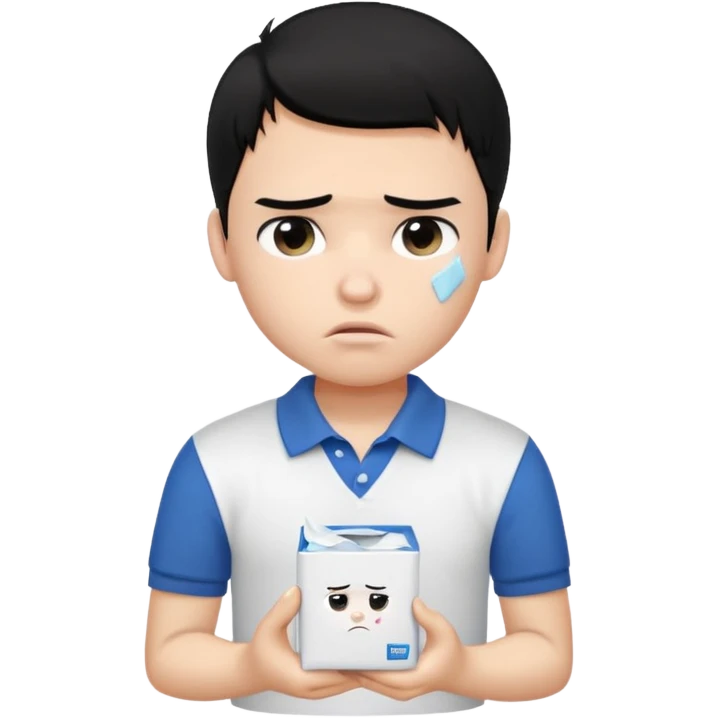 generate a pretty bratz boy with black hair, wearing a white polo shirt. Looking sad, holding a box of tissues emoji