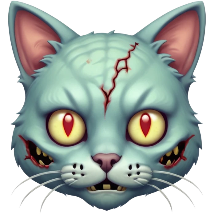 zombie cat portrait, head and shoulders only, pale fur, cracked skin patches, eerie glowing eyes, mischievous undead vibe, 3D cartoon, mobile game icon style, clean background, no text, no watermark
 emoji