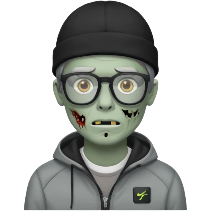 Hazme un zombie con gafas cuadradas y el marco negro y un gorro negro y un saco Nike tech gris emoji