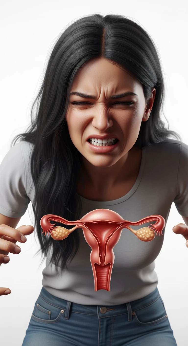 donna vestita casual realistico con utero umano anatomico in evidenza, dolore in volto
, IPERREALISTICO 4K, sfondo bianco emoji
