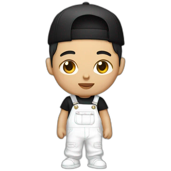 Chinese rapper wearing white overalls and black T-shirt emoji