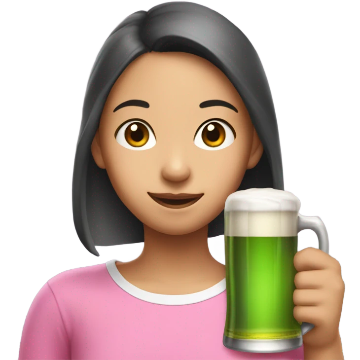 Asian girl in pink T-shirt with elf ears drinks beer emoji