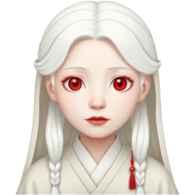 forty year old albino shrine maiden with white hair, red eyes, and pale face emoji