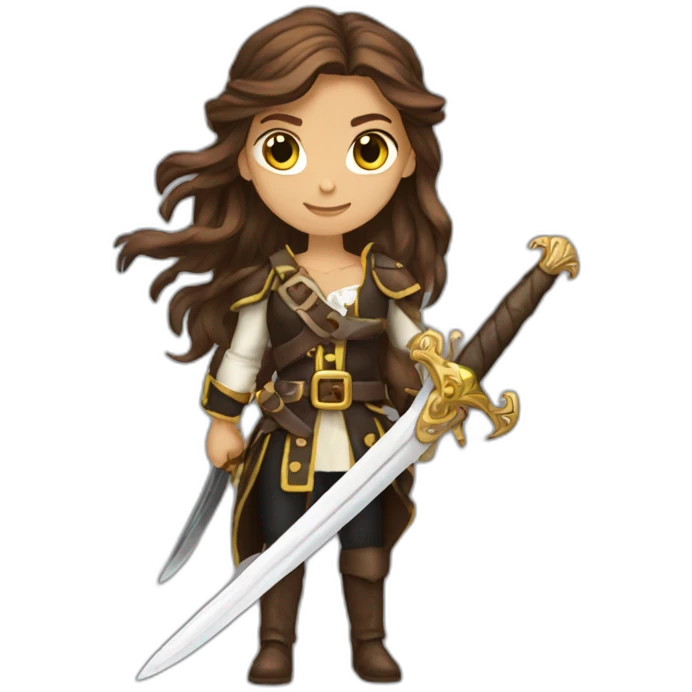 pirate king long brown hair golden eyes tan skin holding a sword woman emoji