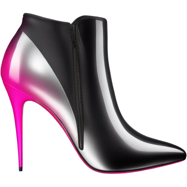 Realistic isolated front view of a pair of Louboutin Black,Silver,and Hot Pink Ombre stiletto high heel ankle bootie boots.  emoji