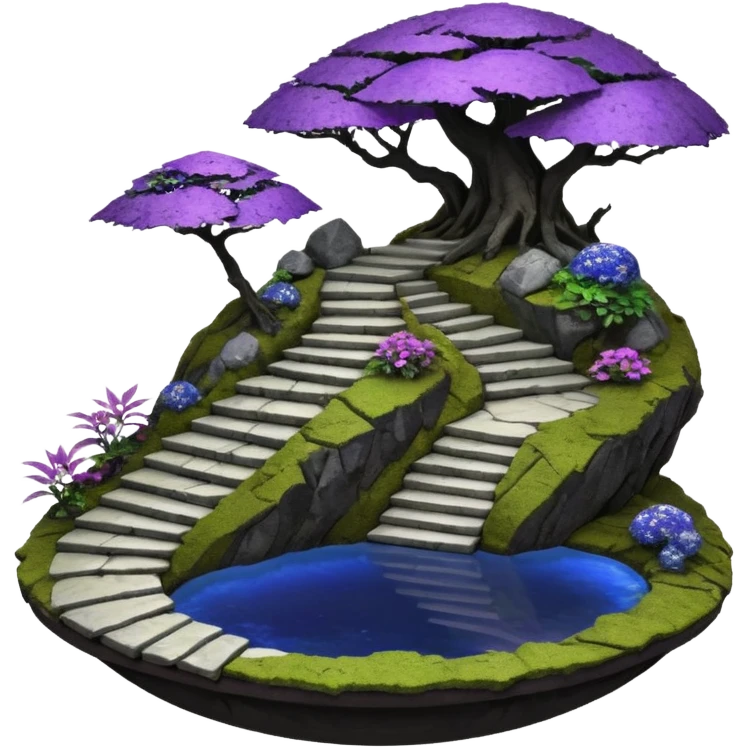 Crashed Alien saucer pool-house jungle winding staircase lakeside mountainside -island getaway haunted nighttime landscape antique mudman very old broken cracked intricate Stone Age lapis-crusted irregular dodecagon-shaped shallow dark moss rough bark violet serissa flowered maple tree bonsai emoji