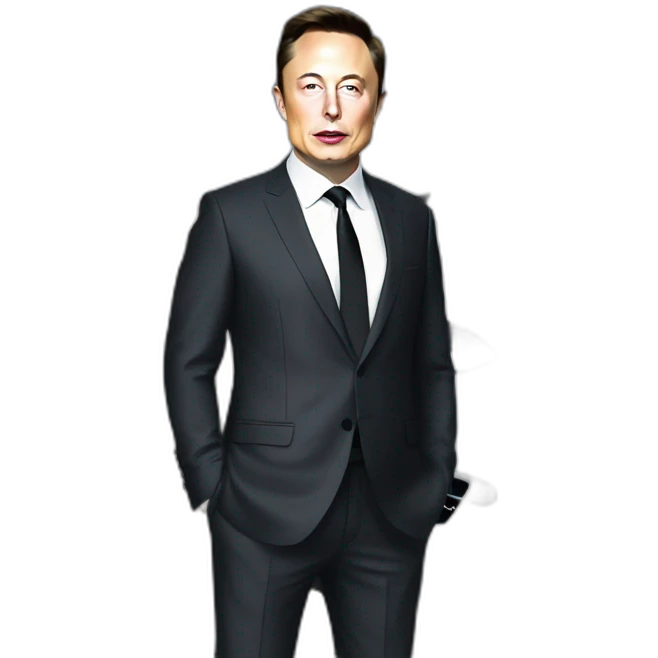 elon musk with a suit standing near tesla model x emoji